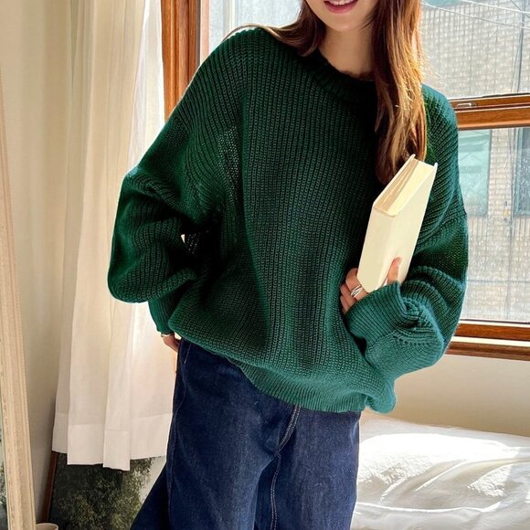 Casual Eyelet Detail Ribbed Knit Sweater Green - Picture 2 of 5